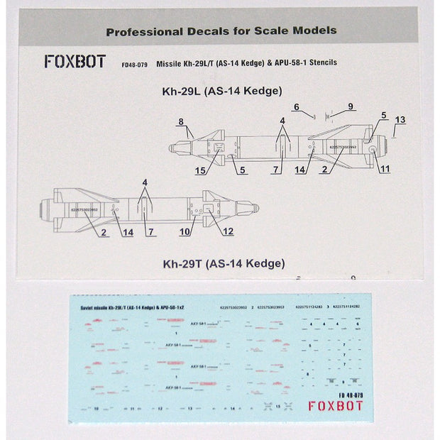 Foxbot 48-079 Decals Stencils for soviet air-to-surface missile Kh-29L/T (AS-14 Kedge) and APU-58-1 Scale 1:48