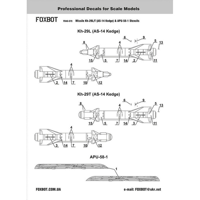 Foxbot 48-079 Decals Stencils for soviet air-to-surface missile Kh-29L/T (AS-14 Kedge) and APU-58-1 Scale 1:48