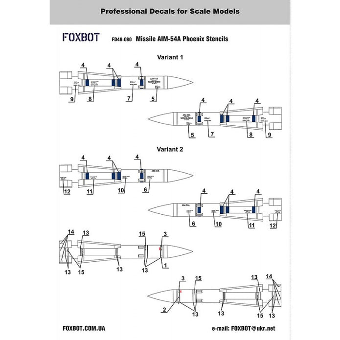 Foxbot 48-080 Decals Stencils for american Air-to-Air Missile AIM-54A Phoenix Scale 1:48 for Aircraft Plastic Model Kit