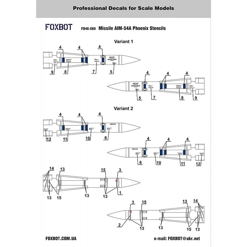 Foxbot 48-080 Decals Stencils for american Air-to-Air Missile AIM-54A Phoenix Scale 1:48 for Aircraft Plastic Model Kit