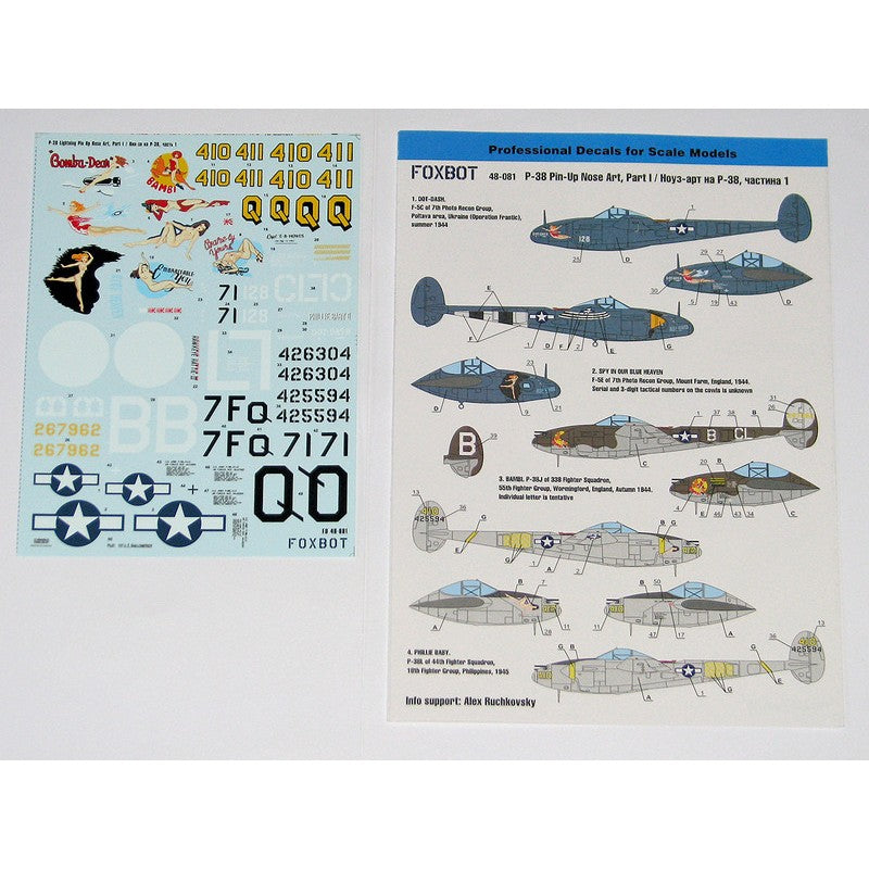 Foxbot 48-081A Decals Lockheed P-38 Lightning Pin-Up Nose Art (Part I) Scale 1:48 for Aircraft Plastic Model Kit
