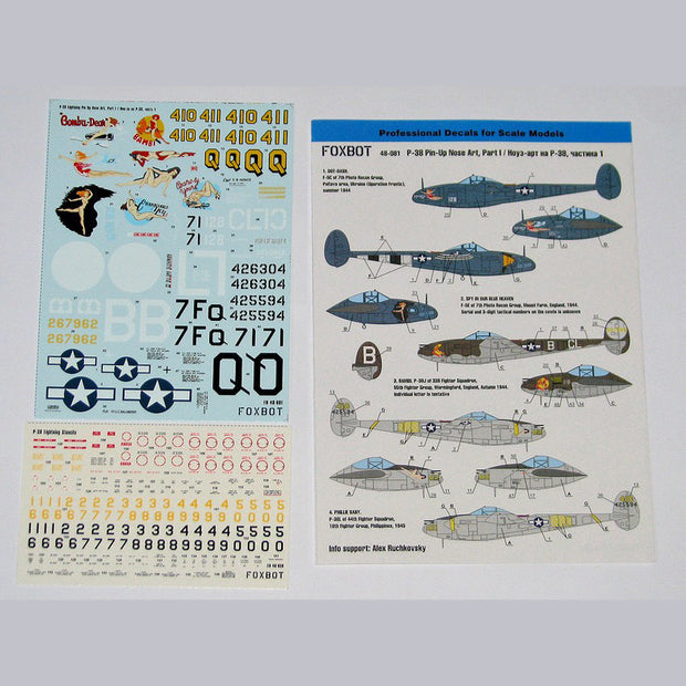 Foxbot 48-081 Decals Lockheed P-38 Lightning Pin-Up Nose Art and Stencils (Part I) Scale 1:48 for Aircraft Plastic Model Kit