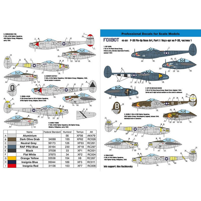 Foxbot 48-081 Decals Lockheed P-38 Lightning Pin-Up Nose Art and Stencils (Part I) Scale 1:48 for Aircraft Plastic Model Kit