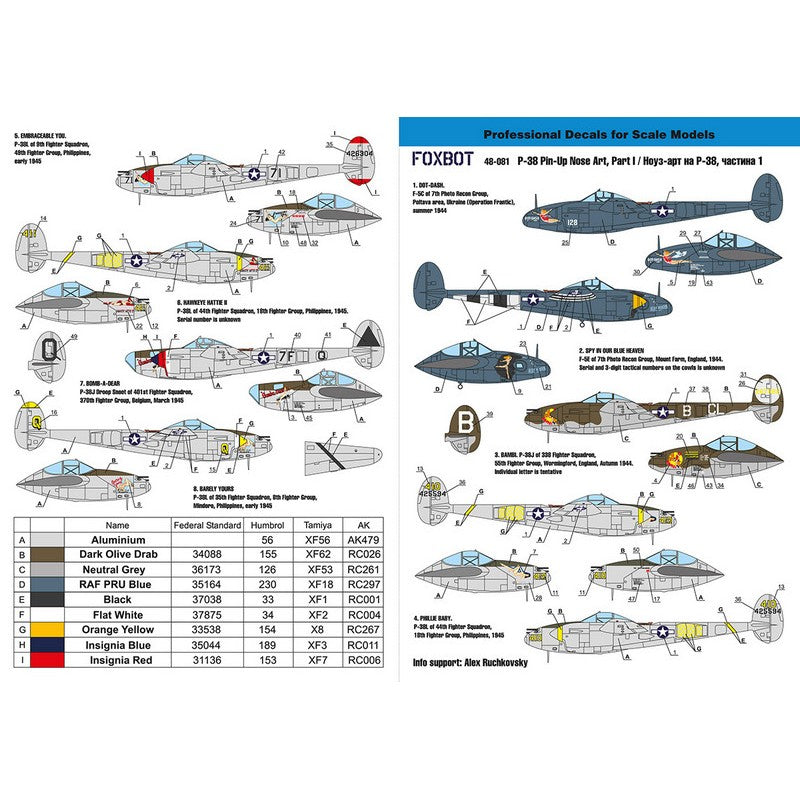 Foxbot 48-081 Decals Lockheed P-38 Lightning Pin-Up Nose Art and Stencils (Part I) Scale 1:48 for Aircraft Plastic Model Kit