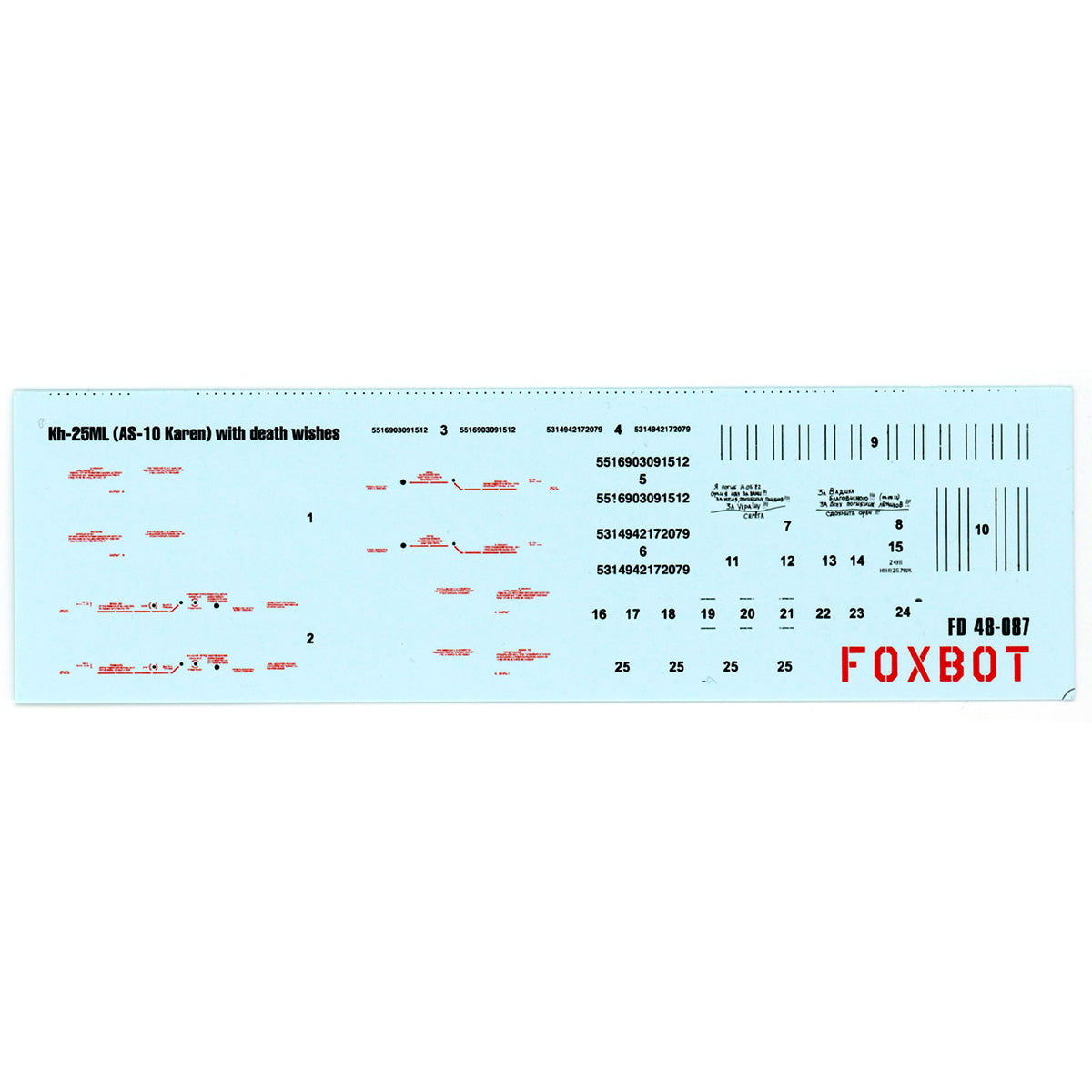 Foxbot 48-087 Decals Stencils for Missile Kh-25ML (AS-10 Karen) with death wishes, Ukranian Air Forces Scale 1:48