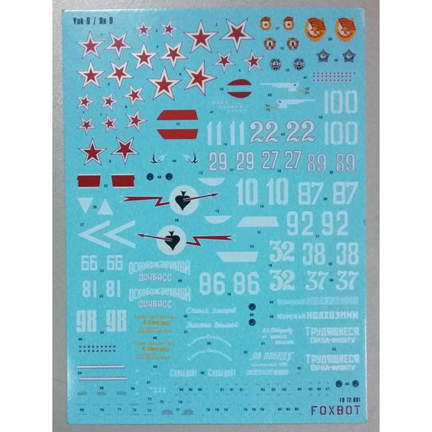 Foxbot 72-001 Decals Soviet interceptor and fighter aircraft Yak-9 M/T/TD/K Scale 1:72 for Aircraft Plastic Model Kit