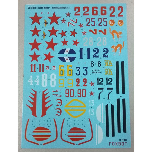 Foxbot 72-002 Decals Soviet speed bomber Tupolev SB (ANT-40) Scale 1:72 for Aircraft Plastic Model Kit