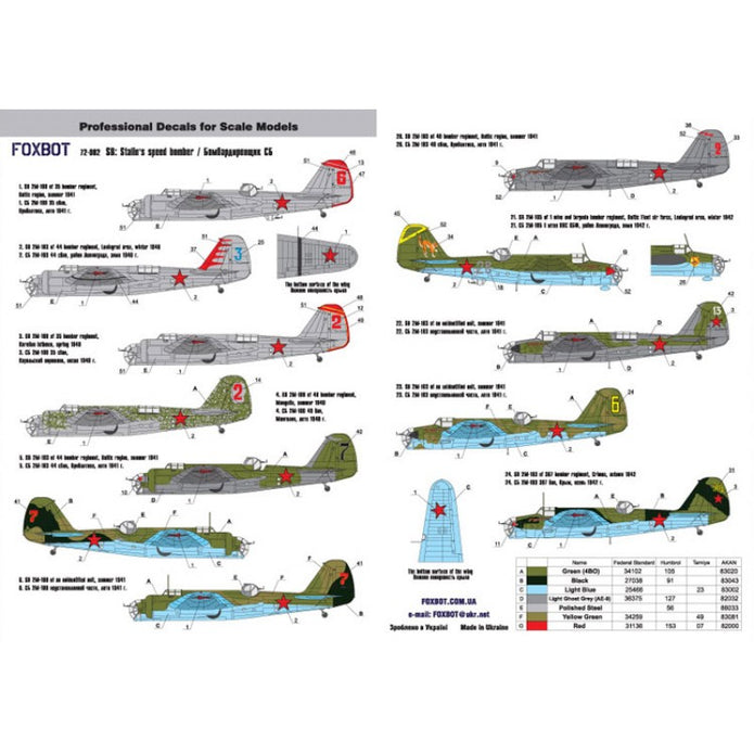 Foxbot 72-002 Decals Soviet speed bomber Tupolev SB (ANT-40) Scale 1:72 for Aircraft Plastic Model Kit