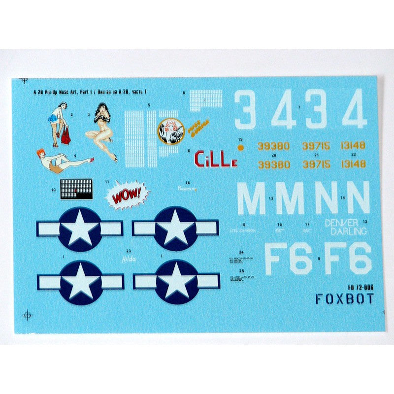 Foxbot 72-006 Decals Douglas A-20 Boston Pin-Up Nose Art and Stencils (Part I) Scale 1:72 for Aircraft Plastic Model Kit
