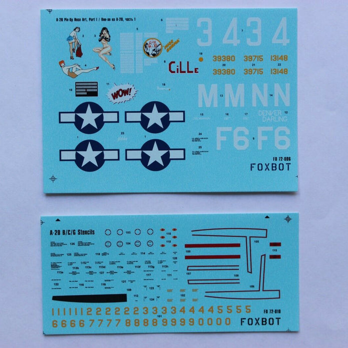Foxbot 72-006 Decals Douglas A-20 Boston Pin-Up Nose Art and Stencils (Part I) Scale 1:72 for Aircraft Plastic Model Kit