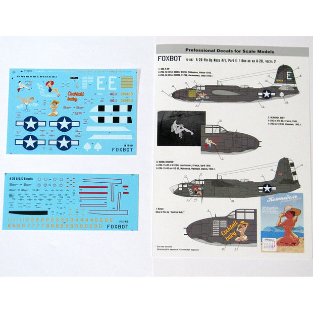 Foxbot 72-007 Decals Douglas A-20 Boston Pin-Up Nose Art and Stencils (Part II) Scale 1:72 for Aircraft Plastic Model Kit