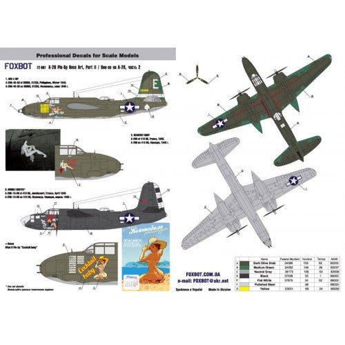 Foxbot 72-007 Decals Douglas A-20 Boston Pin-Up Nose Art and Stencils (Part II) Scale 1:72 for Aircraft Plastic Model Kit