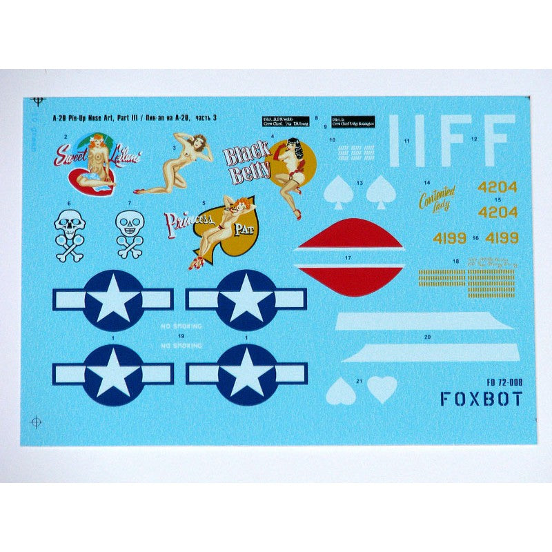 Foxbot 72-008 Decals Douglas A-20 Boston Pin-Up Nose Art and Stencils (Part III) Scale 1:72 for Aircraft Plastic Model Kit