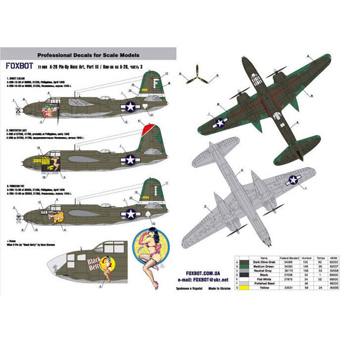 Foxbot 72-008 Decals Douglas A-20 Boston Pin-Up Nose Art and Stencils (Part III) Scale 1:72 for Aircraft Plastic Model Kit