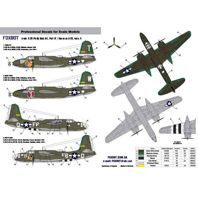 Foxbot 72-009 Decals Douglas A-20 Boston Pin-Up Nose Art and Stencils (Part IV) Scale 1:72 for Aircraft Plastic Model Kit