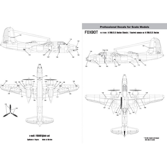 Foxbot 72-010 Decals Stencils for Douglas A-20B/C/G Boston Scale 1:72 for Aircraft Plastic Model Kit