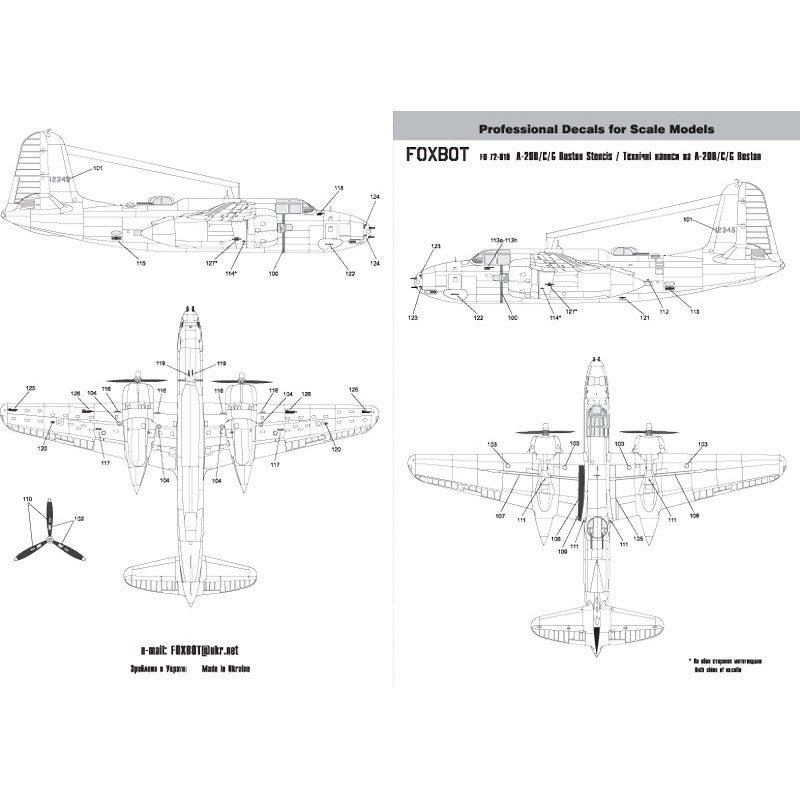Foxbot 72-010 Decals Stencils for Douglas A-20B/C/G Boston Scale 1:72 for Aircraft Plastic Model Kit