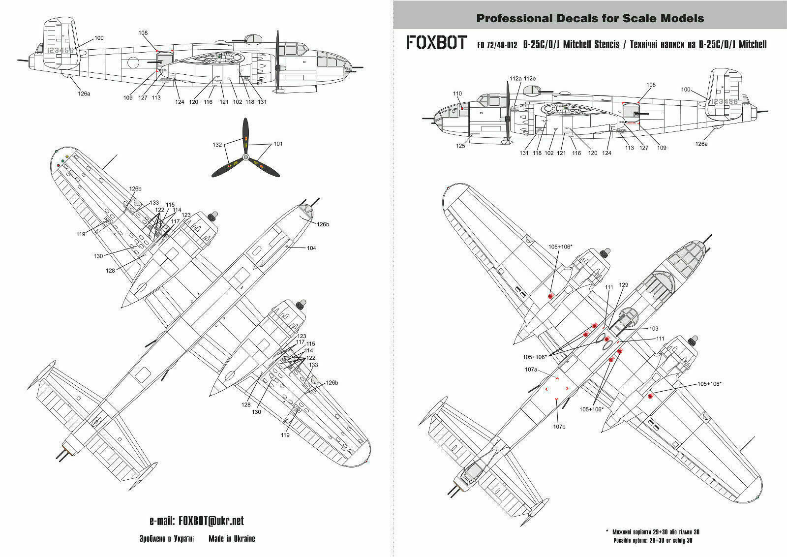 Foxbot 72-012 Decals Stencils for North American B-25C/D/J Mitchell Scale 1:72 for Aircraft Plastic Model Kit