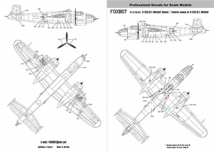 Foxbot 72-012 Decals Stencils for North American B-25C/D/J Mitchell Scale 1:72 for Aircraft Plastic Model Kit