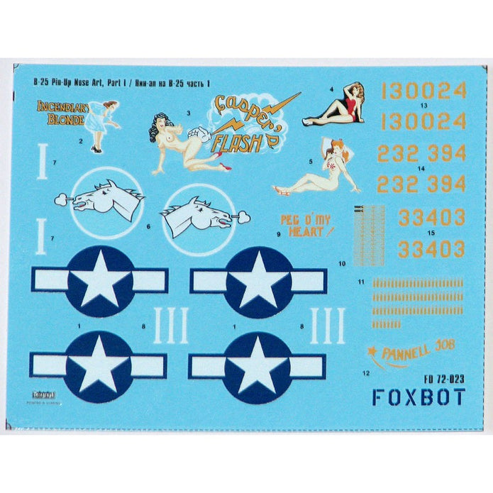 Foxbot 72-023 Decals U.S.A.F. North American B-25C/D Mitchell Pin-Up Nose Art and Stencils (Part I) Scale 1:72