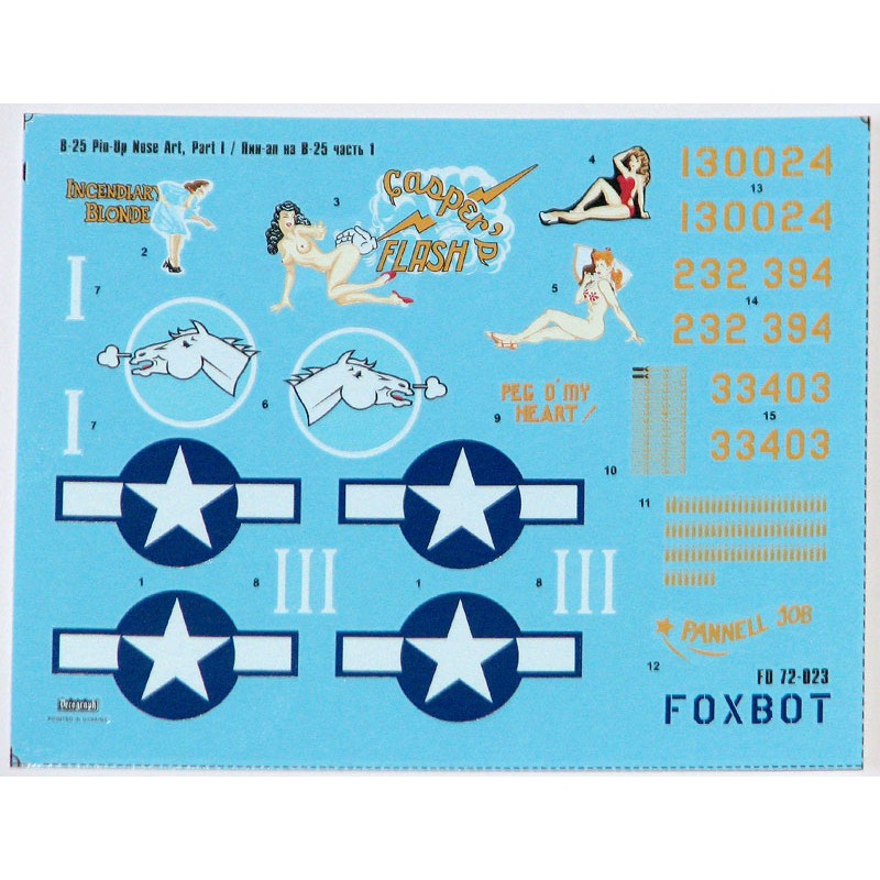 Foxbot 72-023 Decals U.S.A.F. North American B-25C/D Mitchell Pin-Up Nose Art and Stencils (Part I) Scale 1:72