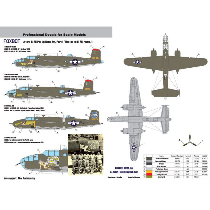 Foxbot 72-023 Decals U.S.A.F. North American B-25C/D Mitchell Pin-Up Nose Art and Stencils (Part I) Scale 1:72