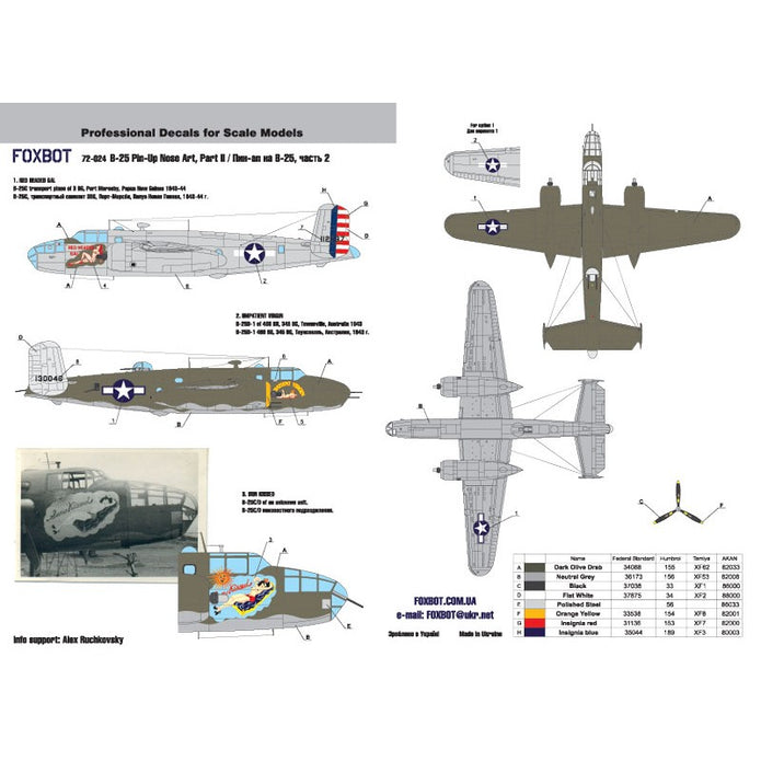 Foxbot 72-024 Decals U.S.A.F. North American B-25C/D Mitchell Pin-Up Nose Art and Stencils (Part II) Scale 1:72