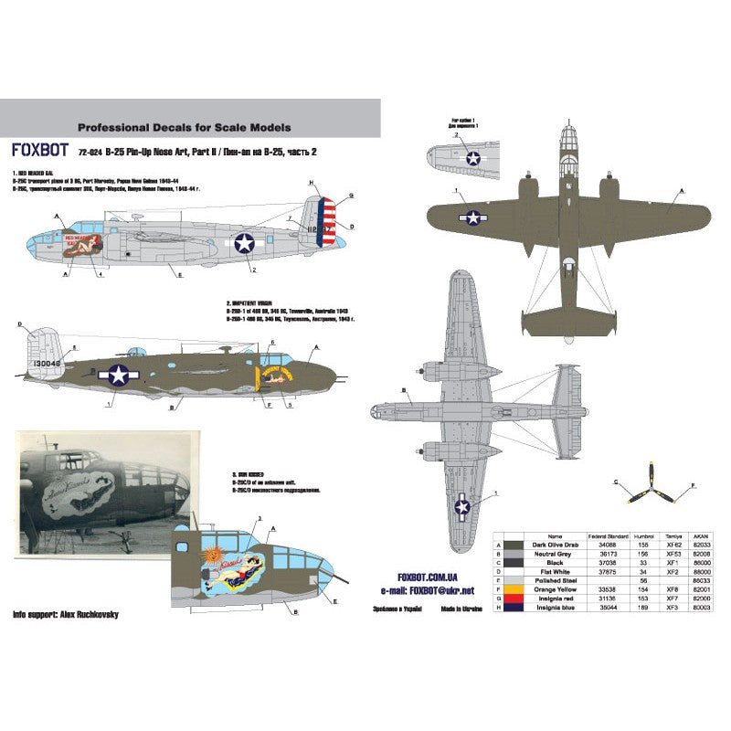 Foxbot 72-024 Decals U.S.A.F. North American B-25C/D Mitchell Pin-Up Nose Art and Stencils (Part II) Scale 1:72