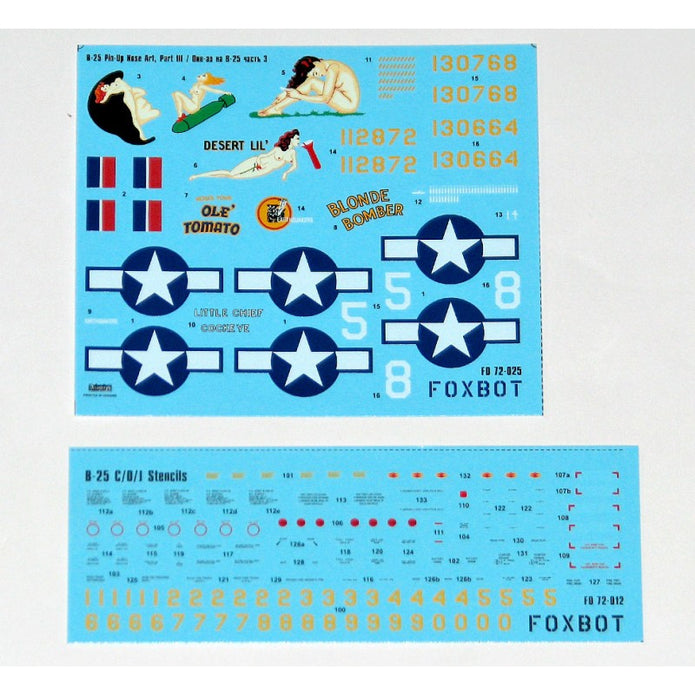 Foxbot 72-025 Decals U.S.A.F. North American B-25C/D Mitchell Pin-Up Nose Art and Stencils (Part III) Scale 1:72