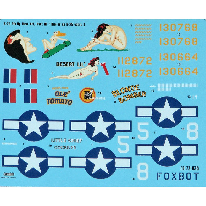Foxbot 72-025 Decals U.S.A.F. North American B-25C/D Mitchell Pin-Up Nose Art and Stencils (Part III) Scale 1:72