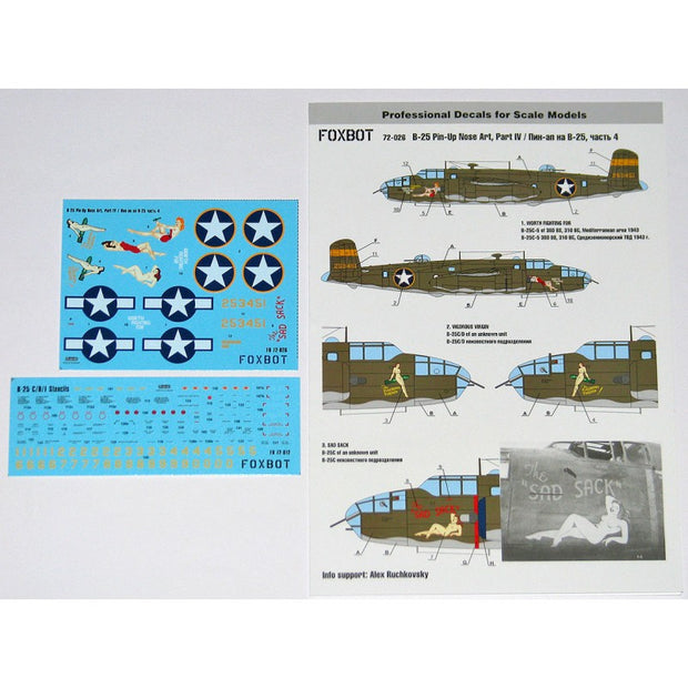 Foxbot 72-026 Decals U.S.A.F. North American B-25C/D Mitchell Pin-Up Nose Art and Stencils (Part IV) Scale 1:72