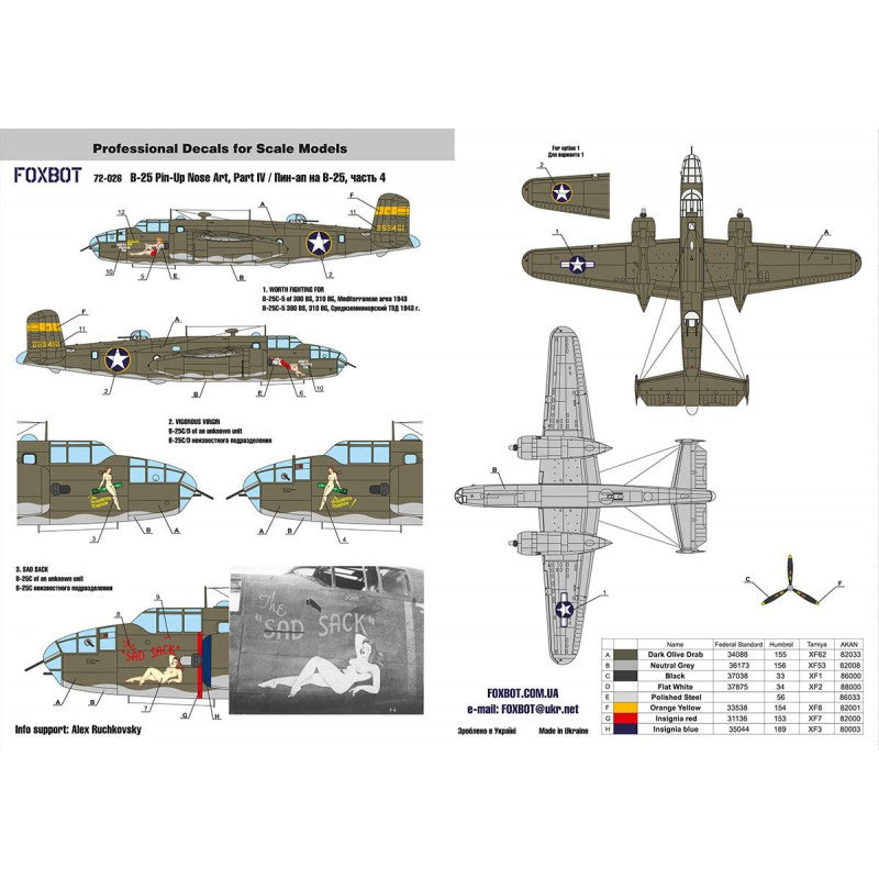 Foxbot 72-026 Decals U.S.A.F. North American B-25C/D Mitchell Pin-Up Nose Art and Stencils (Part IV) Scale 1:72