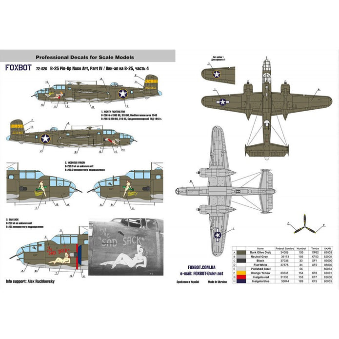 Foxbot 72-026 Decals U.S.A.F. North American B-25C/D Mitchell Pin-Up Nose Art and Stencils (Part IV) Scale 1:72