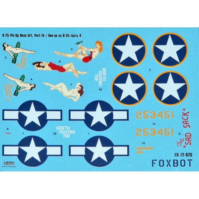 Foxbot 72-026 Decals U.S.A.F. North American B-25C/D Mitchell Pin-Up Nose Art and Stencils (Part IV) Scale 1:72