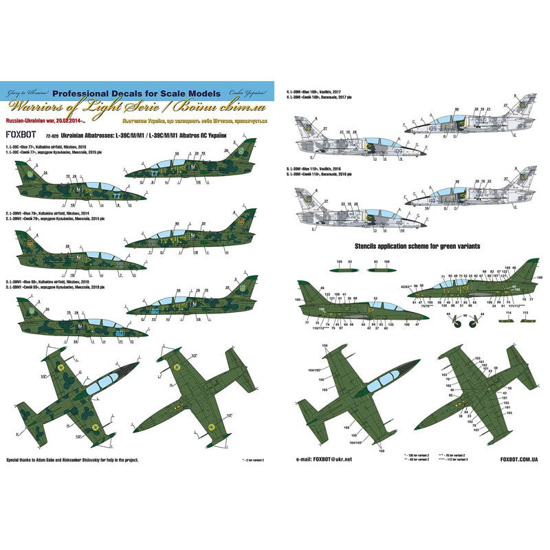 Foxbot 72-029 Decals Ukrainian Albatrosses: L-39C/M/M1 Albatros, Ukrainian Air Forces Scale 1:72