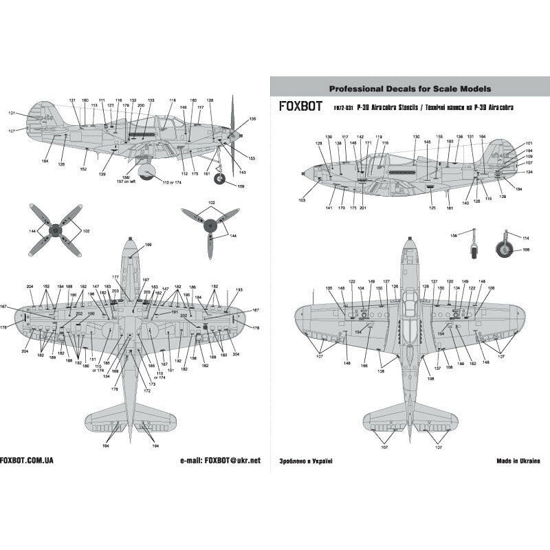 Foxbot 72-031 Decals Stencils for Bell P-39 Airacobra Scale 1:72 for Aircraft Plastic Model Kit