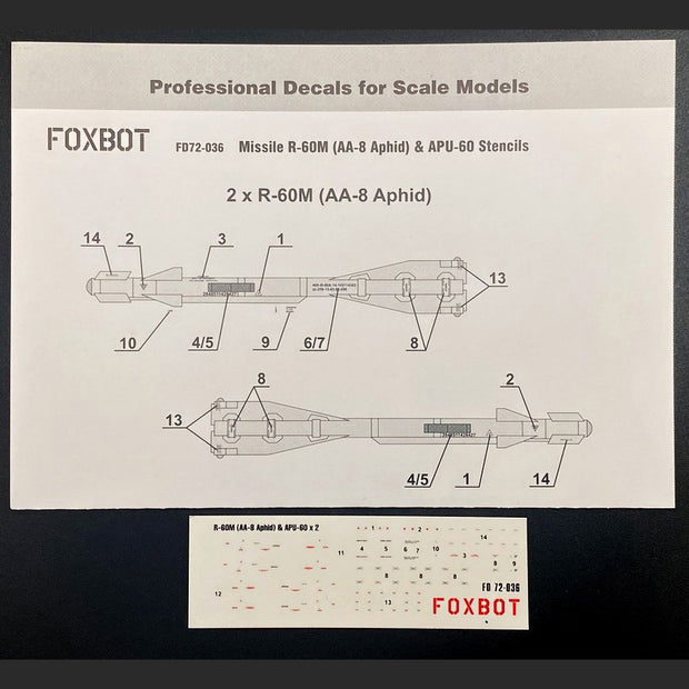 Foxbot 72-036 Decal: Stencils for Soviet Short-range air-to-air Missile R-60M (AA-8 Aphid) and APU-60 Pylon Scale 1:72