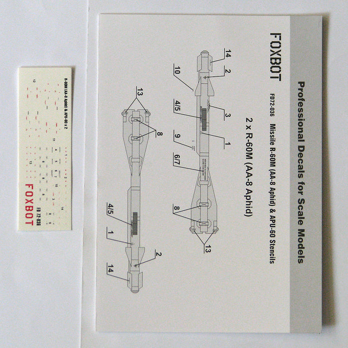 Foxbot 72-036 Decal: Stencils for Soviet Short-range air-to-air Missile R-60M (AA-8 Aphid) and APU-60 Pylon Scale 1:72