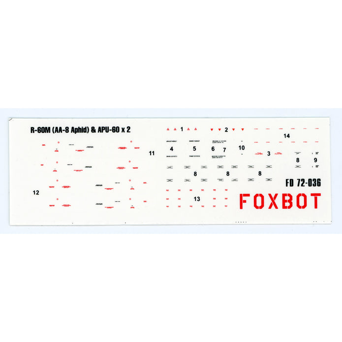 Foxbot 72-036 Decal: Stencils for Soviet Short-range air-to-air Missile R-60M (AA-8 Aphid) and APU-60 Pylon Scale 1:72