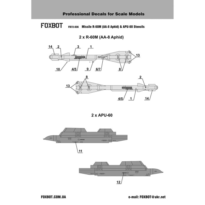 Foxbot 72-036 Decal: Stencils for Soviet Short-range air-to-air Missile R-60M (AA-8 Aphid) and APU-60 Pylon Scale 1:72
