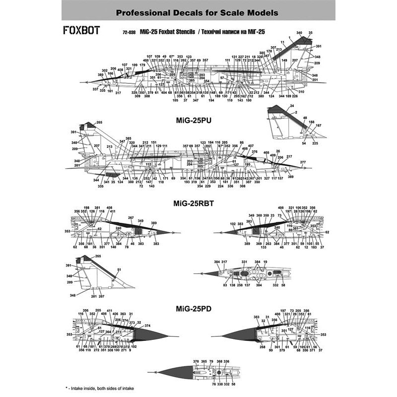 Foxbot 72-038 Decals Stencils for MiG-25 Foxbat Scale 1:72 for Aircraft Plastic Model Kit