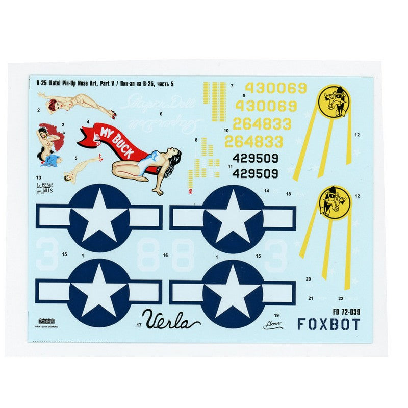 Foxbot 72-039 Decals U.S.A.F. North American B-25G/J Mitchell Late, Pin-Up Nose Art and Stencils (Part 5) Scale 1:72