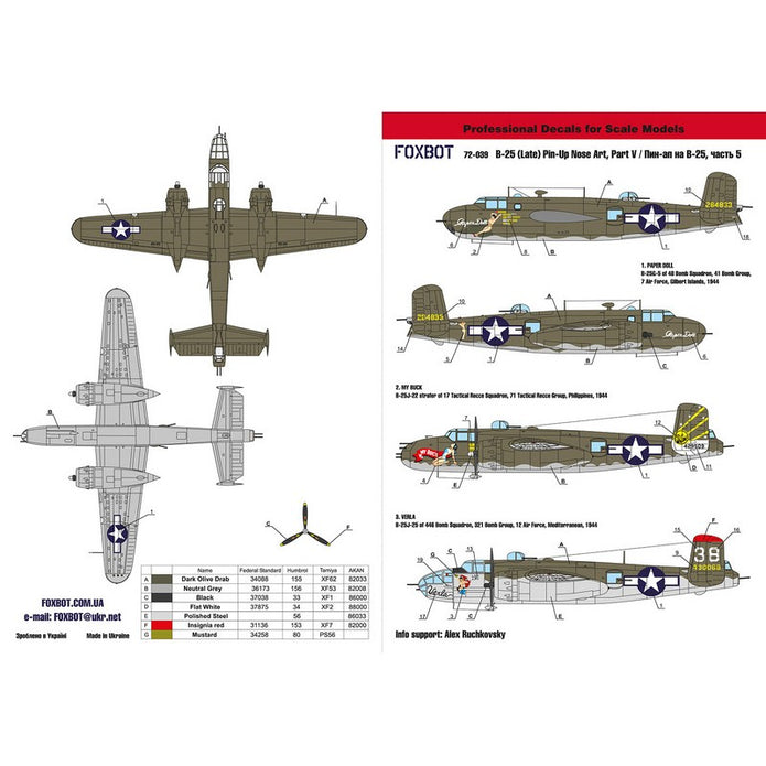 Foxbot 72-039 Decals U.S.A.F. North American B-25G/J Mitchell Late, Pin-Up Nose Art and Stencils (Part 5) Scale 1:72