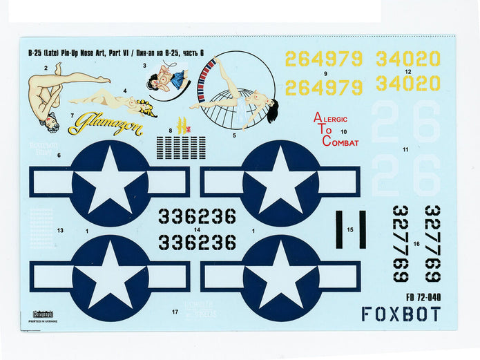 Foxbot 72-040 Decals U.S.A.F. North American B-25G/J Mitchell Late, Pin-Up Nose Art and Stencils (Part 6) Scale 1:72