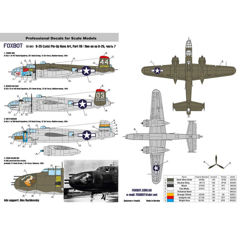 Foxbot 72-041 Decals U.S.A.F. North American B-25G/J Mitchell Late, Pin-Up Nose Art and Stencils (Part 7) Scale 1:72