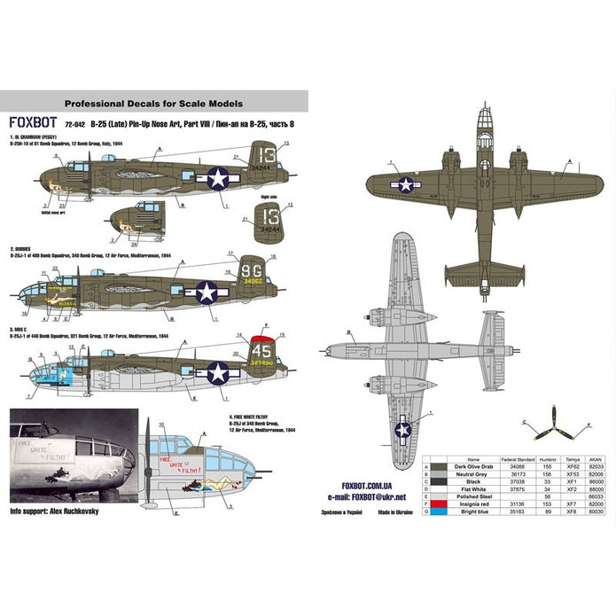 Foxbot 72-042 Decals U.S.A.F. North American B-25H/J Mitchell Late, Pin-Up Nose Art and Stencils (Part 8) Scale 1:72