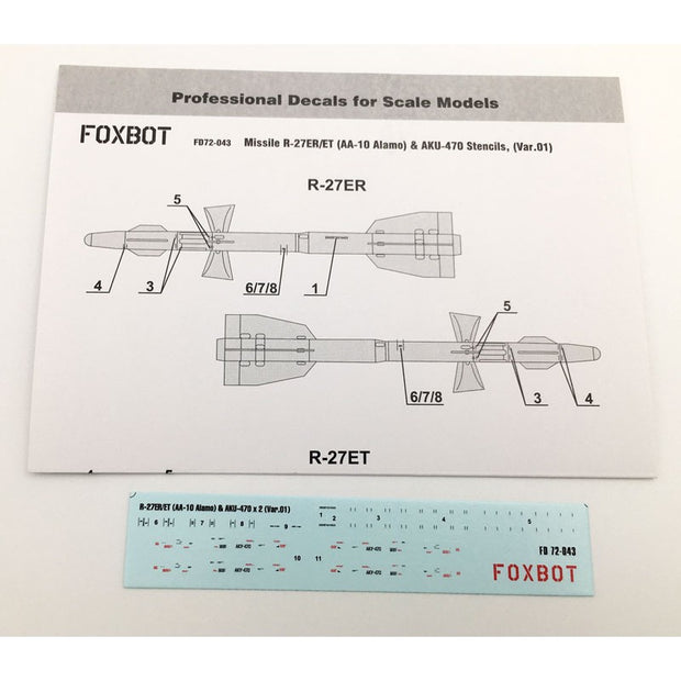 Foxbot 72-043 1:72 Decals Stencils for Soviet IR Guided Air-to-Air Missile R-27ER/ET (AA-10 Alamo) and AKU-470 Pylon (Ver.01)