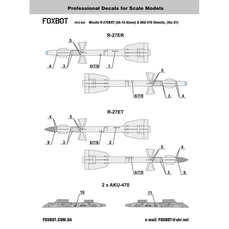 Foxbot 72-043 1:72 Decals Stencils for Soviet IR Guided Air-to-Air Missile R-27ER/ET (AA-10 Alamo) and AKU-470 Pylon (Ver.01)