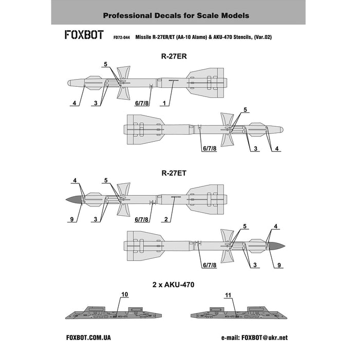 Foxbot 72-044 1:72 Decal: Stencils for Soviet Short-range air-to-air Missile R-27ER/ET (AA-10 Alamo) and AKU-470 Pylon (Ver.02)