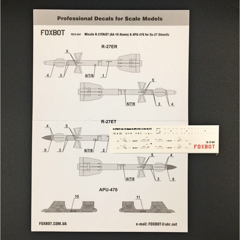 Foxbot 72-047 Decals Soviet Missile R-27ER/ET (AA-10 Alamo) & APU-470 points of Su-27 Stencils Scale 1:72